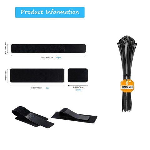 Under Desk Cable Management Kit with 20 pairs adjustable hook and loop ties and 100 pack 6 inch zip ties for wire management.