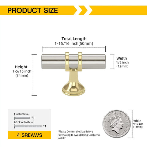 Dimensions of 10 Pack Brushed Nickel And Gold Cabinet Knobs Set For Kitchen Cabinets And Vanities, with size measurements.
