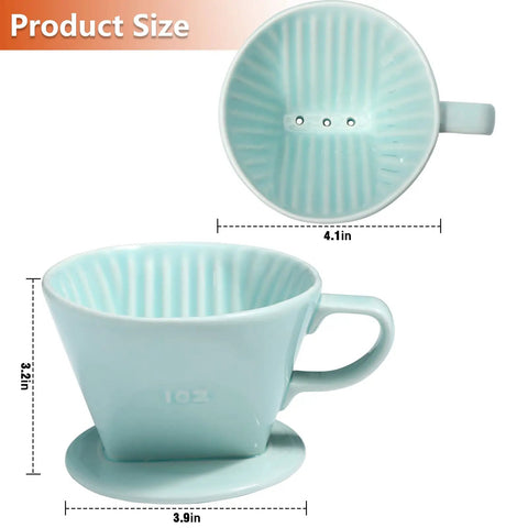 Top and side view of Travel Ready Ceramic Pour Over Coffee Dripper With Three Hole Flat Bottom Cone For On The Go Brewing, green