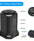 Power Strip Tower Surge Protector With Nine AC Outlets And Four USB Ports 900 Joules Long Ten Foot Flat Plug Extension Cord
