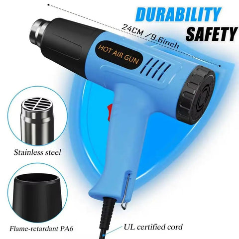 Powerful 900W Heat Gun With Dual Temperature Settings 572 F And 1112 F Overload Protection shown with features and accessories.