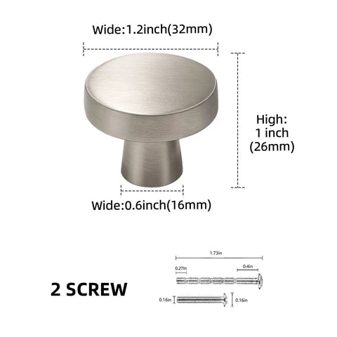 Dimensions of 10 Pack Brushed Satin Nickel Cabinet Knobs For Kitchen Cabinets And Furniture Drawer Pulls Zinc Alloy Heavy Duty Hardware For Cabinets Closets Dressers And Doors Modern Silver Finish with 2 included screws.