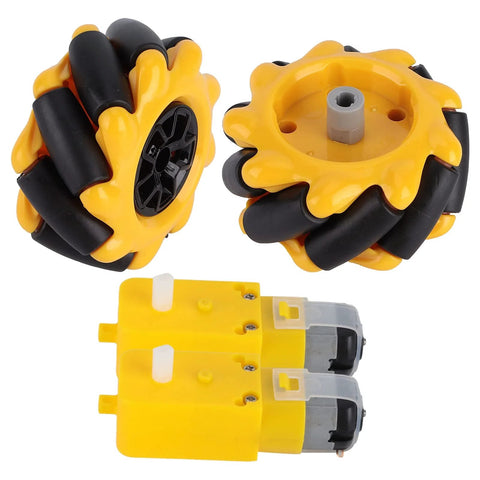 Two yellow 60mm mecanum robot wheels with black rollers and central hub; yellow motor housing module included