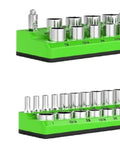 Heavy Duty Socket Organizers Set Of Three Portable Rack Holders For Garage Workshop Tool Stash Keeper Sturdy Pp Design Tame The Clutter In Your Sweet Setup And Keep It Tight Sae Green with sockets arranged on green racks.