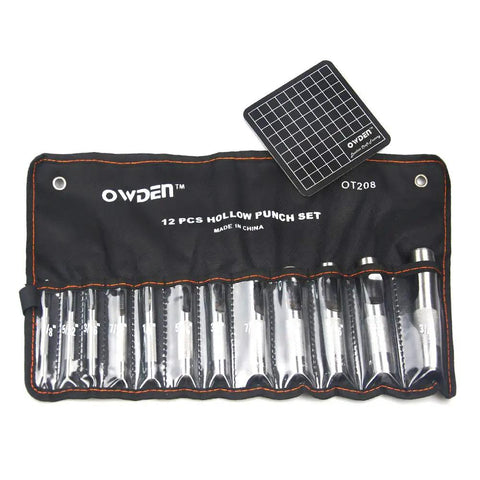 12 Piece Leather Hole Punch Set With Free Cutting Mat, Hollow Punch Kit in pouch, high carbon steel construction, 12 punch sizes visible.