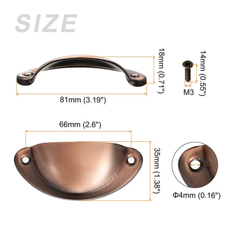 Solid As A Rock Copper Finish Carbon Steel Cup Handles Two Pack for kitchen drawers with dimensions and details shown.