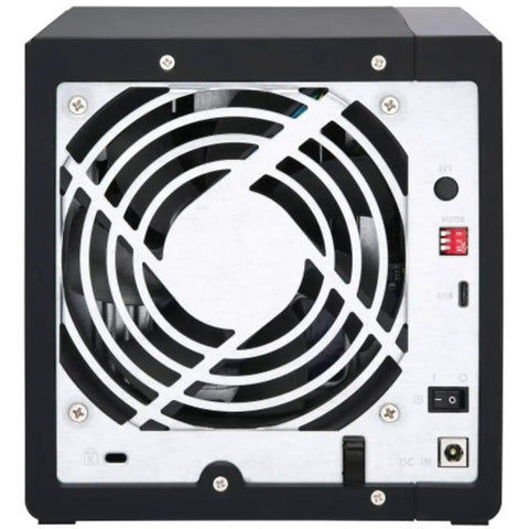 Rock Solid Heavy Duty Four Bay USB 3.0 DAS Enclosure rear view showing cooling fan, ports, and lockable design for secure use.