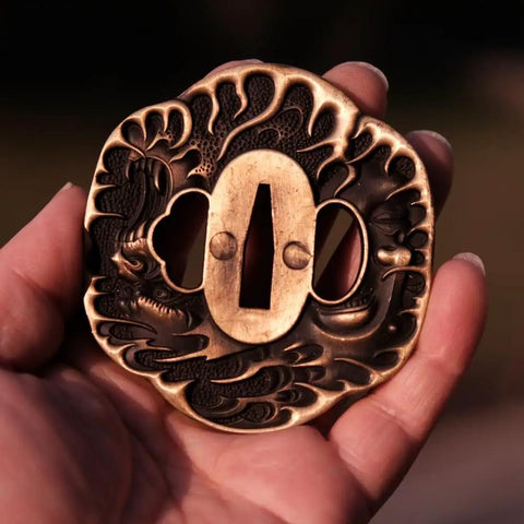 Dope Antique Copper Samurai Tsuba Fuchi Kashira Menuki Set With Dragon Phoenix Buddha Demon Floral Motif for katana