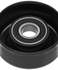 ACDelco Gold idler pulley, front view, black housing with metal bearing.