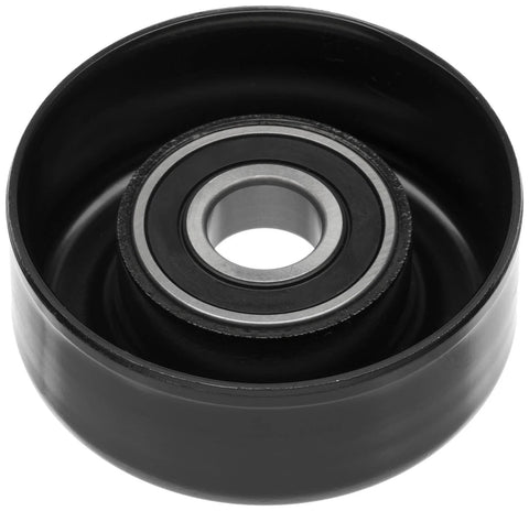 ACDelco Gold idler pulley, front view, black housing with metal bearing.
