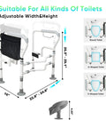 Heavy Duty Toilet Safety Frame With Suction Cups And Anti Slip Handrails No Tool Installation Adjustable Height And Width Carbon Steel Construction For Seniors And Disabled Up To 400 Lbs Weight Capacity with size and compatibility illustration