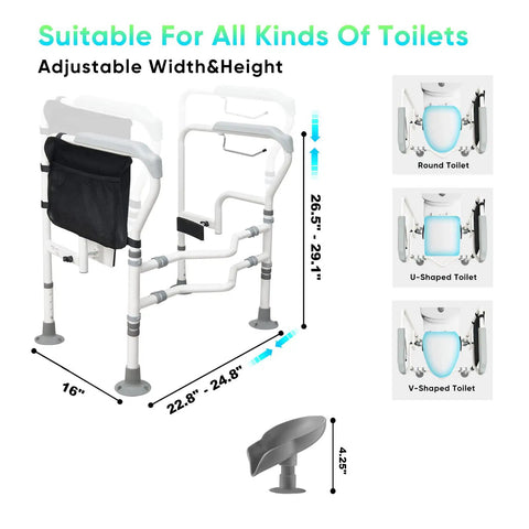 Heavy Duty Toilet Safety Frame With Suction Cups And Anti Slip Handrails No Tool Installation Adjustable Height And Width Carbon Steel Construction For Seniors And Disabled Up To 400 Lbs Weight Capacity with size and compatibility illustration