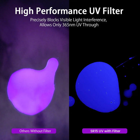 Rechargeable 365nm UV Blacklight Flashlight With ZWB2 Filter IPX8 Waterproof showing filter effect on fluorescence
