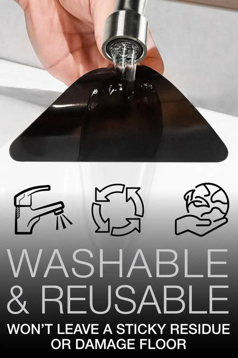 Close-up of Stay Put Rug Corner Grippers being washed under tap, demonstrating washability and reusability, with icons below.