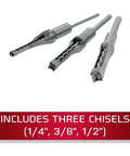 Includes three chisel bits (1/4", 3/8", 1/2") for Heavy Duty Benchtop Drill Press And Mortiser With Half Inch Chisel And Four Three Quarters Inch Stroke For Weekend Warriors Who Want Rock Solid Motor Power And Fast Depth Lock On Any Custom Build.