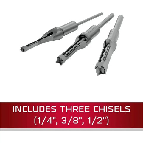 Includes three chisel bits (1/4", 3/8", 1/2") for Heavy Duty Benchtop Drill Press And Mortiser With Half Inch Chisel And Four Three Quarters Inch Stroke For Weekend Warriors Who Want Rock Solid Motor Power And Fast Depth Lock On Any Custom Build.