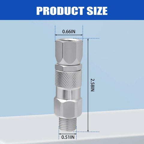 Airless Spray Gun Swivel Connector For Magnum Straight Hose Eliminates Hose Twists And Kinks Smooth Pressure Rolling Pro Grade Accessory For Precision Exterior And Detail Spraying Projects. Stainless steel connector, 2.58 in tall, 0.66 in wide, 0.51 in thread