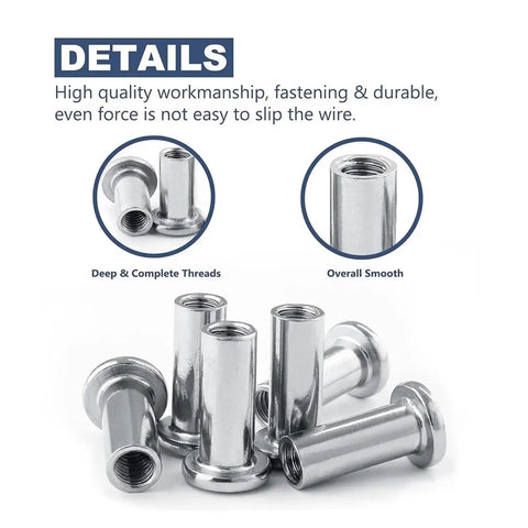 Heavy Duty 304 Stainless Steel Barrel Nuts And Hex Socket Furniture Rivet Inserts M2 Through M10 Sizes, detailed view of threaded inserts.