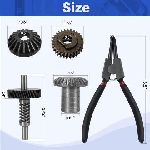 Beefy Worm Gear Kit For 5 Qt And 6 Qt Stand Mixers Replacement Parts with bevel gears, gasket, and retaining ring pliers dimensions.