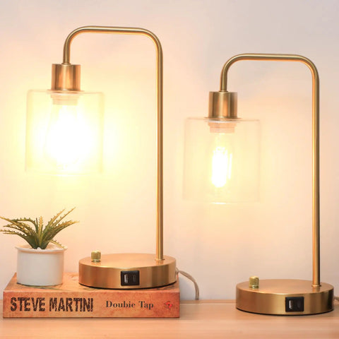 Gold Industrial Stepless Dimmable Table Lamps Set Of 2 With Knob Control And USB A C Ports Brass Desk Lamps Glass Shade