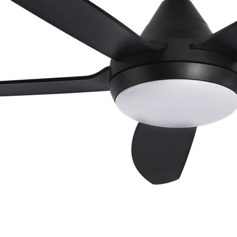Indoor Ceiling Fan With 56 LED Lights, 5-Blade Black Fan close-up showing sleek design and quiet motor, ideal for living area.