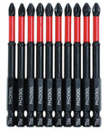 Ten PH2 Philips screwdriver bits with magnetic anti-slip design, 3-1/2 inch length, red shafts and black ends.