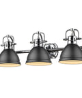 Duncan Bath Fixture 3602-BA3 CH-BLK with Chrome Finish and Matte Black Shades, 3-light vanity, modern industrial design for bathrooms