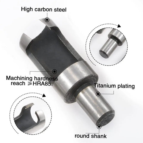 Dead Nuts Accurate Carbon Steel Wood Plug Cutter Drill Bit Set with high carbon steel and titanium plating for durability.
