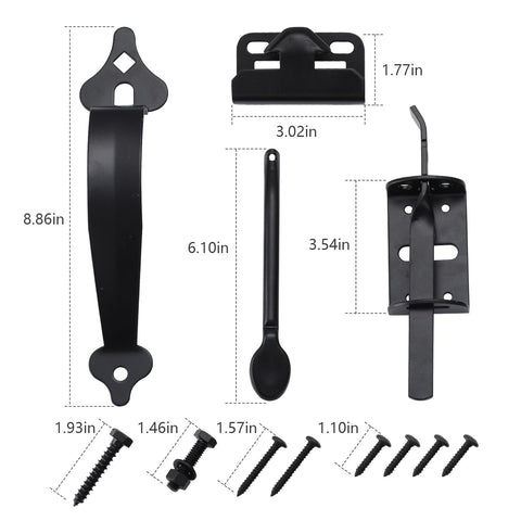 Heavy Duty Gate Latch And 9 Inch Handle Kit Self Locking Steel Gate Lock Hardware For Wooden And Vinyl Fence Swing Outdoor Gate Black Finish With Screws - black latch, handle, and screws arranged flat with measurements.