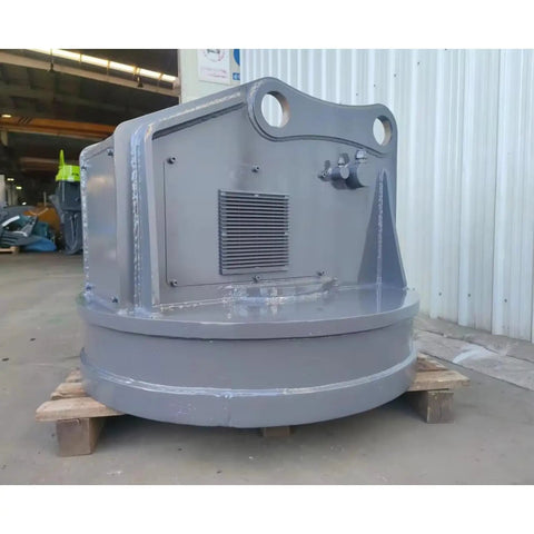 Heavy Duty Hydraulic Scrap Magnet Lifter For Excavators with self-powered design, gray finish on wooden pallet.