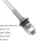 Rear Bicycle Hub Axle 185mm Long 3/8 Inch Diameter Silver Finish steel with smooth threads, shown with nut and washer.