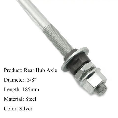 Rear Bicycle Hub Axle 185mm Long 3/8 Inch Diameter Silver Finish steel with smooth threads, shown with nut and washer.