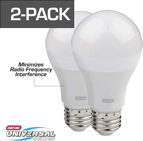 Garage Door Opener LED Bulb 4000K White, 2-Pack with universal fit, shatter-resistant and vibration-proof features visible.