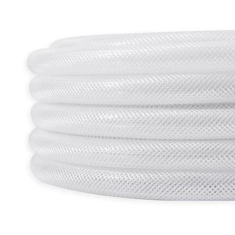 Coiled Clear Braided PVC Tubing One Half Inch Inner Diameter Fifty Feet Long Flexible High Pressure Reinforced Vinyl Hose
