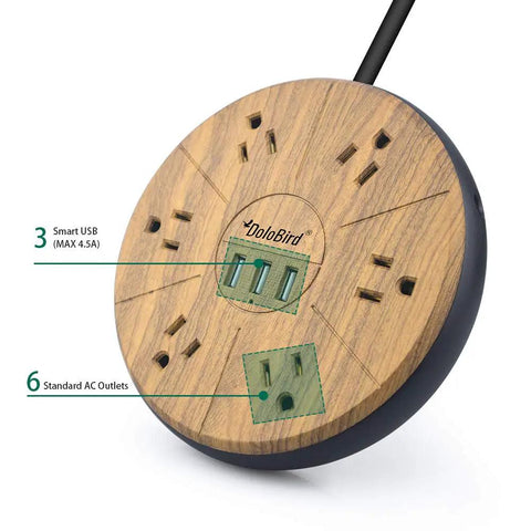 Power Strip With Surge Protector 6 AC Outlets And 3 USB Ports Charging Hub Long Extension Cord Right Angle Flat Plug Widely Spaced Sockets Circuit Breaker Safeguard For Home Office Dorm Room, wood finish top view