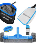 All In One 18 Inch Pool Cleaning Kit With Repairable Net And 18 Inch Round Brush 11 Inch Ultra Fine Mesh Skimmer Chlorine Floater And Handy Scrubber For Easy Debris Cleanup, kit parts