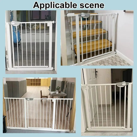 Triple Lock Baby Gate, Extra Wide 44.5 To 48 Inch, Pressure Mounted Walk-Through Swing Auto-Close Safety Gate For Stairs, Doorways, Kitchen, Black Metal, Ideal For Kids And Pets in various home settings.