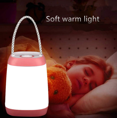 USB Rechargeable Night Light For Kids, pink lantern glowing softly by sleeping child, ideal for camping or bedroom