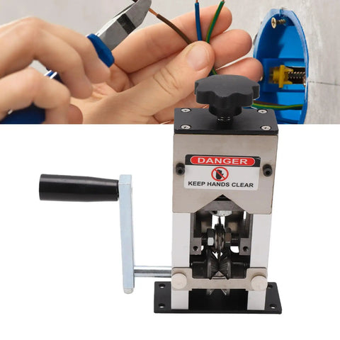 Manual Wire Stripping Machine With Fixed Steel Frame For Manual Electric Drill Powered Cranking Efficiently Strips Copper Aluminum Wires From 1 To 25mm Diameter Including Replacement Blades For Pro Results with lever handle.