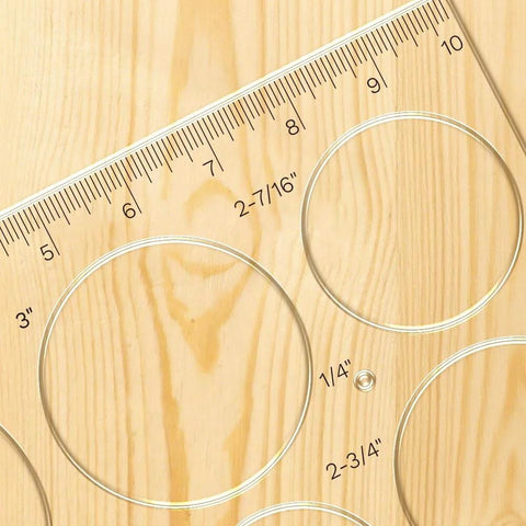 Two Piece 15 In One Acrylic Router Templates For Woodworking With Heart Inlay Template And Circle Template Jig Drawing Cut Guide Pro Grade Inlay Tools And Accessories Set For DIY Wood Projects, showing clear acrylic circles and ruler on wood.
