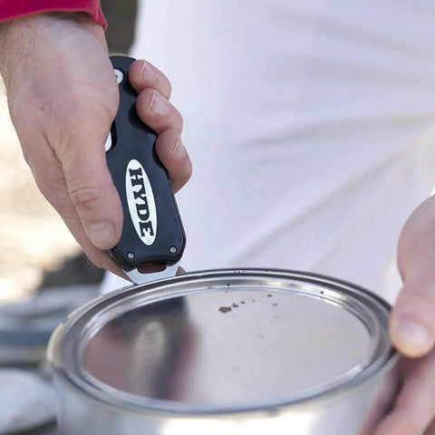 Person using Dual Blade Folding Painter Tool Five In One Stainless Steel Multi Tool With Flexible Putty Knife Opens Cans