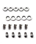 Metal hardware set: ten washers and ten screws arranged on white background.