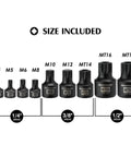 Low Profile Impact Triple Square Socket Set, M4-M18, 9-Piece, CR-MO Steel with Black Phosphate Finish, size range display