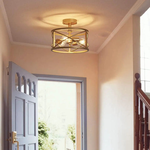 3 Light Vintage Farmhouse Industrial Dope Semi Flush Mount Ceiling Light In Gold Finish, E26 Base, 9.4 In High By 12 In Wide, foyer