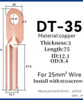 Heavy Duty Cold Crimp Fork Terminals for 25mm² wire, copper, 75mm length, suitable for DT35 installation.