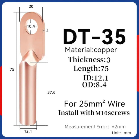 Heavy Duty Cold Crimp Fork Terminals for 25mm² wire, copper, 75mm length, suitable for DT35 installation.