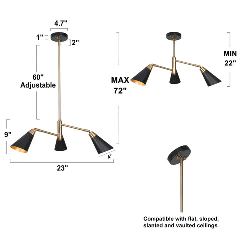 Dimensions and design details of Three Light Modern Black And Gold Chandelier With Copper Brass Finish Dope Hanging Metal Fixture With Adjustable Slanted Shades