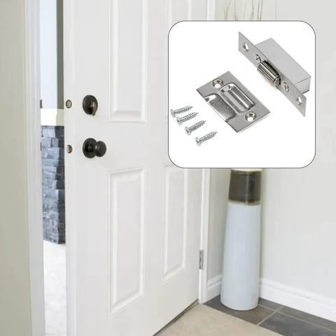 Stainless Steel Cabinet Roller Catch With Spring Ball Latch For Wooden Closet And Cupboard Doors Includes Screws For Easy Diy Repair And Quiet Soft Close Performance In Home Improvement Projects, shown with screws and latch parts against a door.