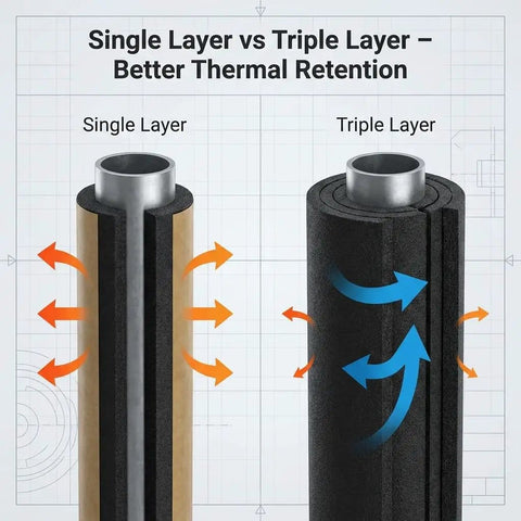 Comparison of single layer and triple layer foam pipe wrap insulation tape effectiveness for thermal retention.