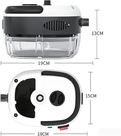 Dimensions and top view of the 2500W Portable High Temperature Steam Cleaner Handheld for Car Detailing Furniture Kitchen Grout Floors and Tile Red Power Go to Gear Deep Clean High Pressure Steam for Auto Home and Tough Messes